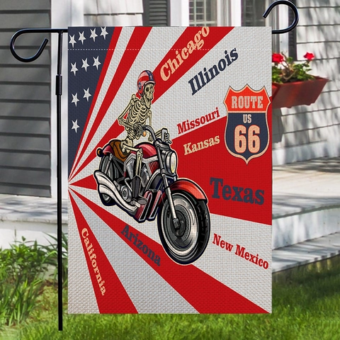 Vintage American Motorcycle Garden Flag Route 66 Double Sided Linen Outdoor Yard Decoration Banner For Patio Home Decor