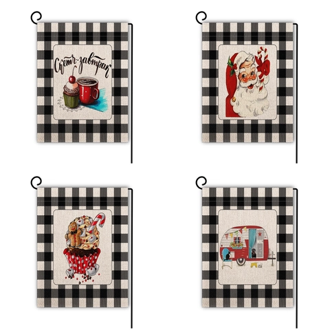 Christmas Garden Flag Double Sided Faux Linen Buffalo Plaid Santa Claus Reindeer Outdoor Yard Decorative Banner Festive Ornament