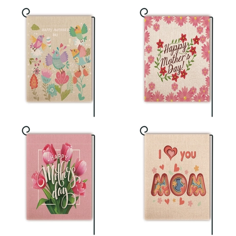 Happy Mother's Day Garden Flag Double Sided Linen Burlap Yard Decoration Outdoor Floral Bird Heart Banner Festive Home Garden Decorative Gift