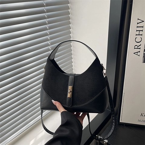 Vintage Contrast Color Women Suede Leather Shoulder Bag Elegant Half Moon Dumpling Bag With Metal Lock Crossbody Commute Handbag
