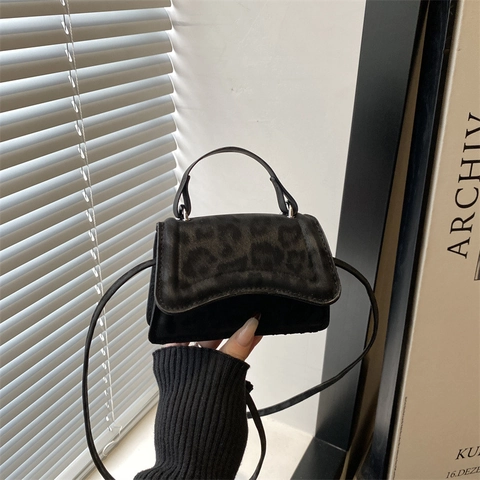 Mini Bolso de Hombro con Estampado de Leopardo para Mujer Bolso de Mano de PU Gamuza Sintética con Asa Correa Fina Cuadrado