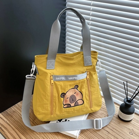 Women Cartoon Capybara Print Nylon Tote Bag Large Capacity Shoulder Crossbody Bag Japanese Style Casual Handbag Adjustable Strap