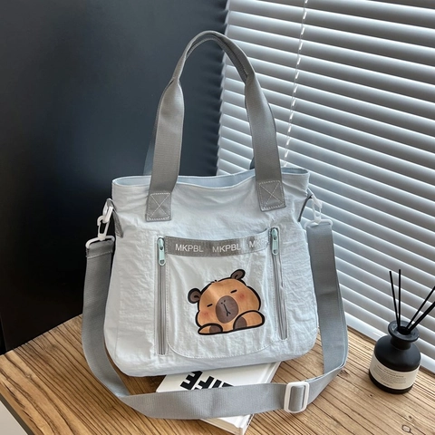 Women Cartoon Capybara Print Nylon Tote Bag Large Capacity Shoulder Crossbody Bag Japanese Style Casual Handbag Adjustable Strap