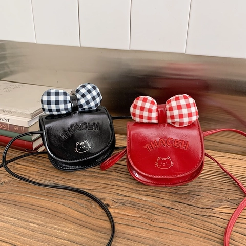 Kids Cute Cartoon Cat Mini Crossbody Bag Girls PU Leather Plaid Bow Small Coin Purse Shoulder Bag Daily Fashion Bag
