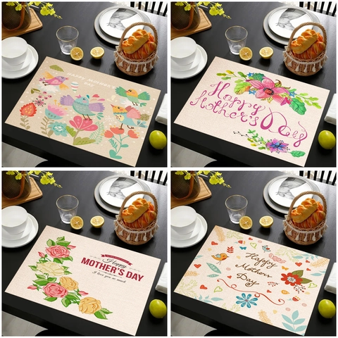 Set De Table Fête Des Mères Lin Imprimé Résistant À La Chaleur I Love You Mom Décoration Florale Cuisine Salle À Manger