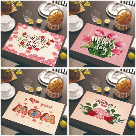 Mother's Day Linen Placemat For Dining Table Heat Resistant Floral Pattern I Love You Mom Decorative Table Mat