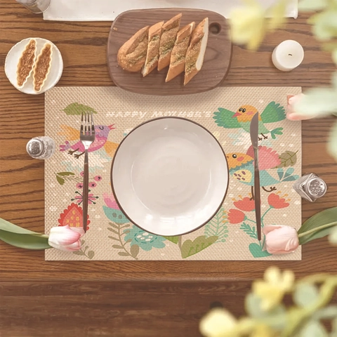 Mother's Day Linen Placemat For Dining Table Heat Resistant Floral Pattern I Love You Mom Decorative Table Mat