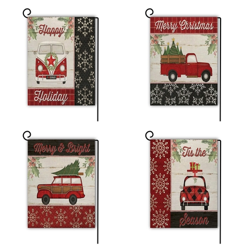 Christmas Garden Flag Vintage Red Truck Holiday Linen Reversible Outdoor Yard Lawn Decor Merry Christmas