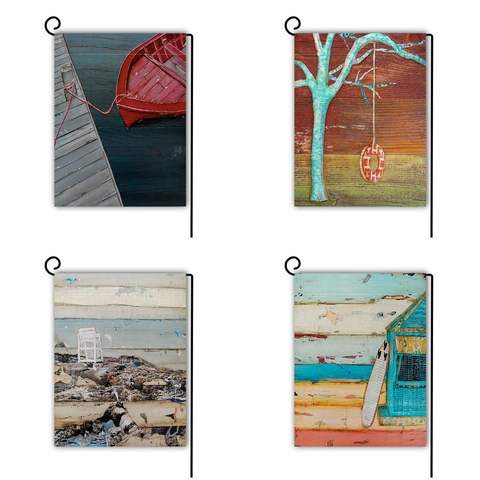 Artistic Summer Ocean Garden Flag Linen With Metal Stand Double Sided Outdoor Yard Decor Beach Boat Vintage Oil Painting