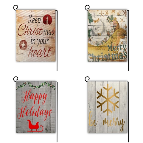 Christmas Garden Flag Double Sided Linen Holiday Yard Decor Vintage Wood Texture Banner Outdoor Welcome Flag With Metal Stand