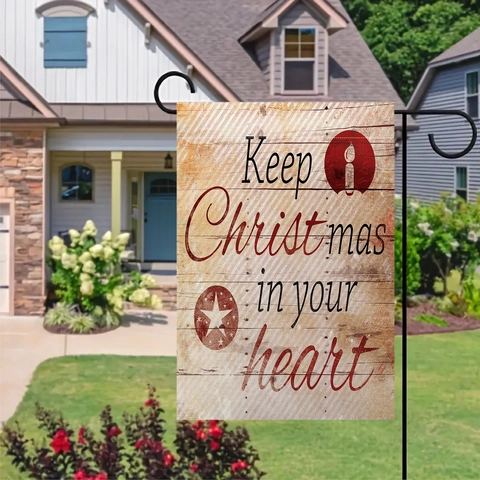 Christmas Garden Flag Double Sided Linen Holiday Yard Decor Vintage Wood Texture Banner Outdoor Welcome Flag With Metal Stand