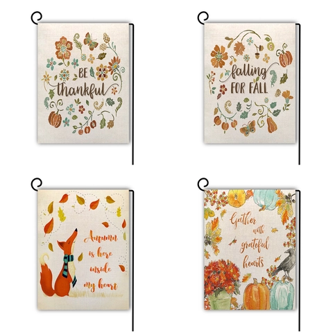 Double Sided Linen Garden Flag Autumn Thanksgiving Outdoor Yard Flag With Fox Pumpkin Maple Leaf Botanical Design Decorative Hanging Banner