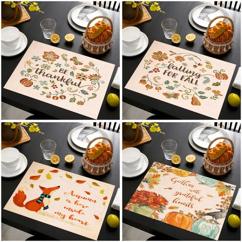 Linen Cotton Blend Placemats Autumn Thanksgiving Harvest Pumpkin Fox Heat Resistant Dining Table Decoration Kitchen Decor