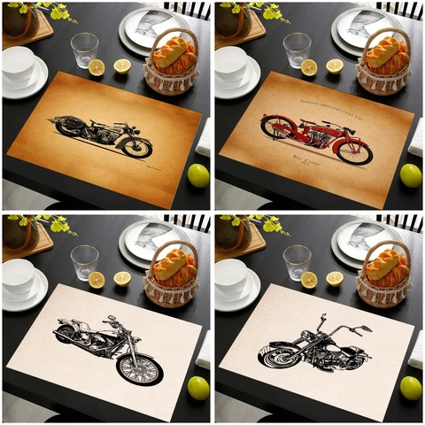 Vintage Motorcycle Linen Placemats Heat Resistant Non Slip Dining Table Mats For Kitchen Restaurant Home Decor Rectangle