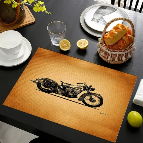 Vintage Motorcycle Linen Placemats Heat Resistant Non Slip Dining Table Mats For Kitchen Restaurant Home Decor Rectangle