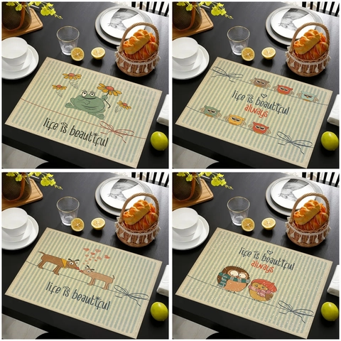 Life Is Beautiful Tovagliette in Lino Stampa Animale Cartone Animato Termoisolante Tovagliette da Tavolo Cucina Sala da Pranzo Decorazione Rettangolare