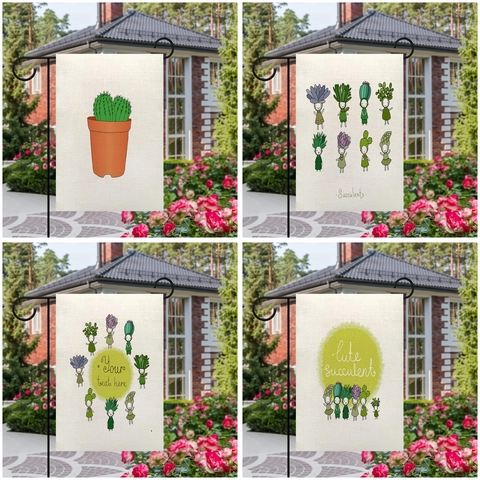 Summer Green Plant Series Double Sided Linen Garden Flag Cactus Succulent Outdoor Yard Decorative Hanging Banner Decor