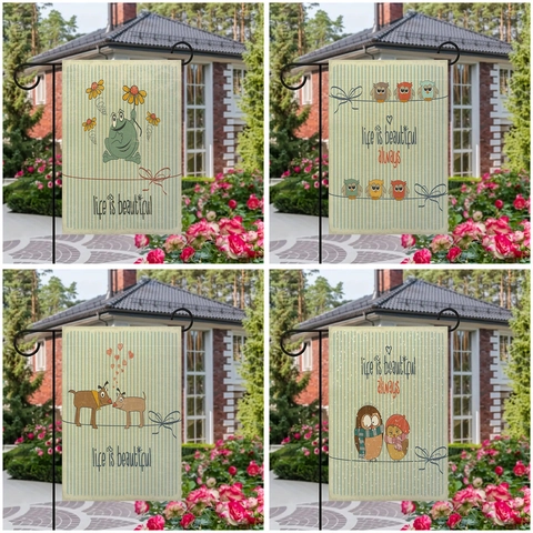 Double Sided Linen Garden Flag Life Is Beautiful Quote Cartoon Owl Frog Dog Bird Pattern Outdoor Yard Lawn Home Decor