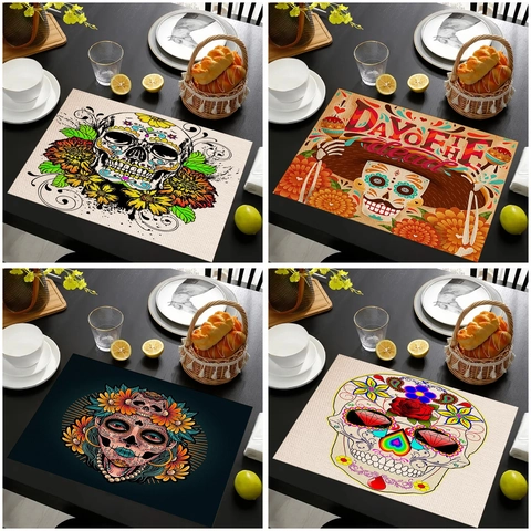 Napperon Lin Day Of The Dead Sugar Skull Motif Fleuri Résistant Chaleur Table Cuisine Décoration Fête Halloween