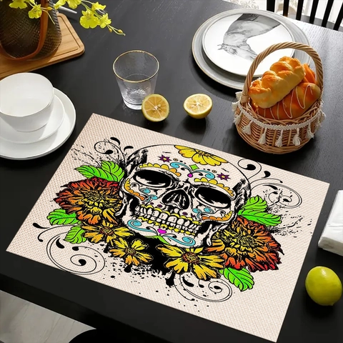 Napperon Lin Day Of The Dead Sugar Skull Motif Fleuri Résistant Chaleur Table Cuisine Décoration Fête Halloween