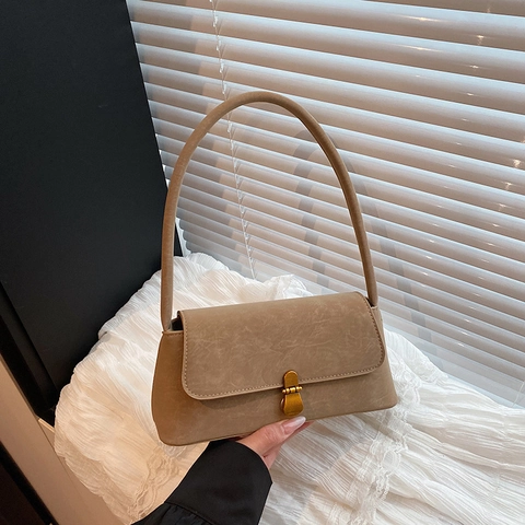 Vintage Suede Shoulder Bag For Women Faux Suede Commuter Handbag Solid Color Underarm Bag With Metal Lock Elegant Tote Bag
