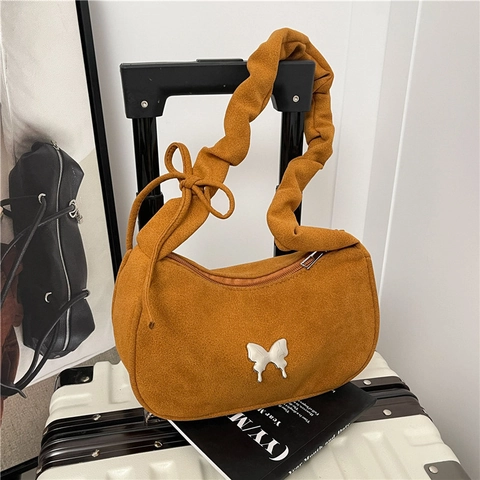 Women Suede Shoulder Bag Ruched Strap Metal Butterfly Buckle Crescent Underarm Bag Vintage Chic