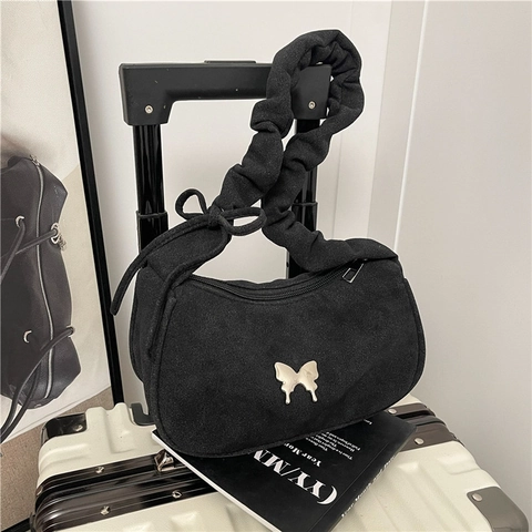 Women Suede Shoulder Bag Ruched Strap Metal Butterfly Buckle Crescent Underarm Bag Vintage Chic
