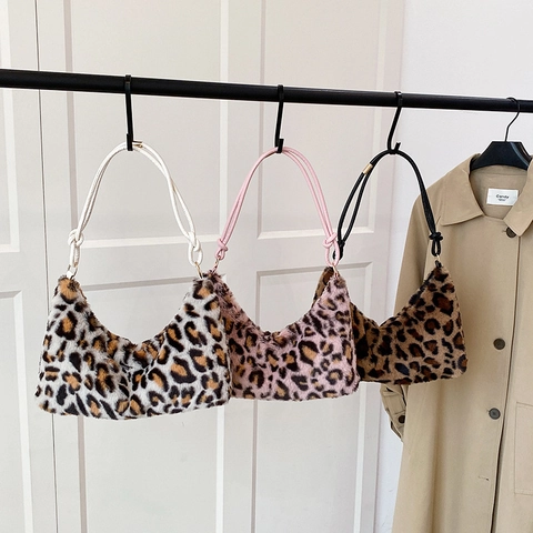 Bolso de Axila de Piel Sintética con Estampado de Leopardo para Mujer Bolso de Peluche con Nudo Invierno Casual Hobo Daily Tote