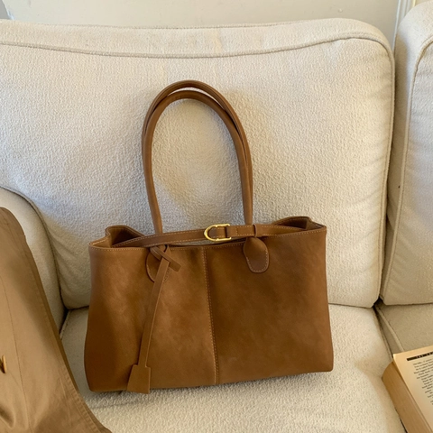 Vintage Matte PU Leer Grote Capaciteit Tote Bag Voor Vrouwen Met Riem Decoratie Schoudertas Onderarmtas Koreaanse Stijl Dagelijks Gebruik