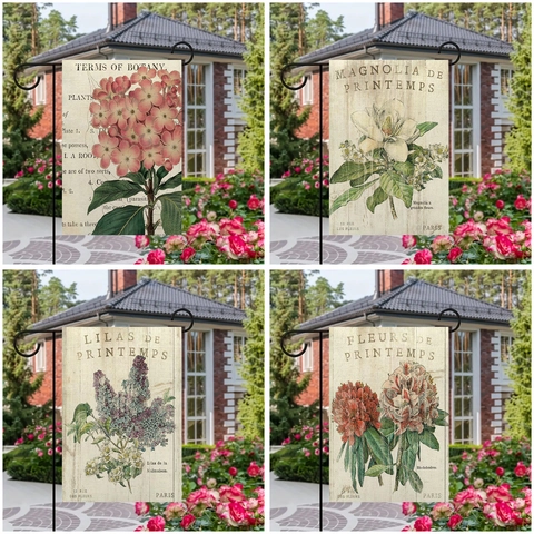 Drapeau De Jardin Botanique Vintage Double Face Motif Floral Imitation Lin Décoration Extérieure Avec Support Métallique