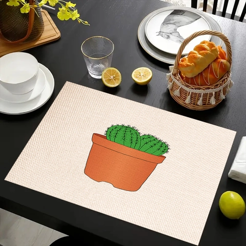 Linen Placemat Cactus Succulent Cartoon Pattern Heat Resistant Non Slip Kitchen Table Decoration Modern Minimalist