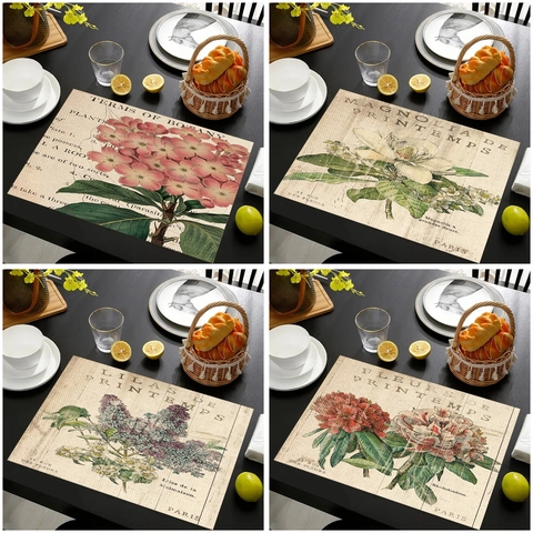 Sets de Table en Lin Vintage Impression Florale Résistant à la Chaleur Lavable pour Cuisine Salle à Manger Décoration Style Botanique