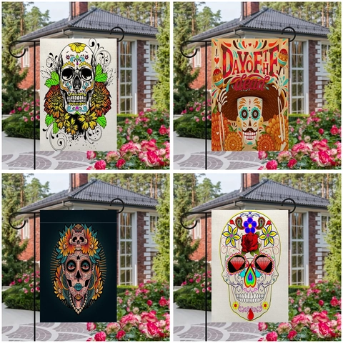 Tag Der Toten Zuckerschädel Gartenflagge Doppelseitig Polyester Banner Outdoor Hof Dekorative Hängende Dekoration Für Den Garten