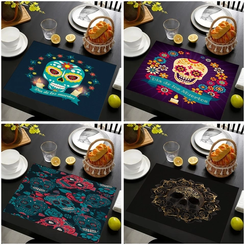 Set De Table En Lin Tête De Mort En Sucre Jour Des Morts Pour Table À Manger Résistant À La Chaleur Décoration Cuisine
