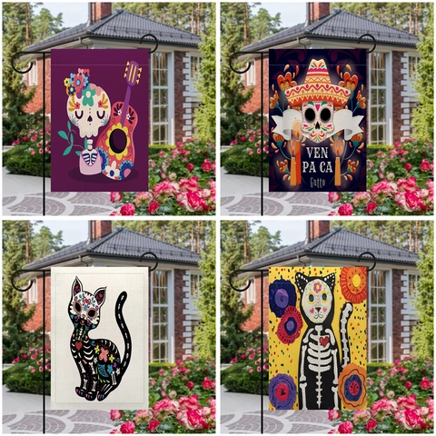 Garden Flag Mexican Day Of The Dead Sugar Skull Polyester Linen Decorative Outdoor Yard Banner