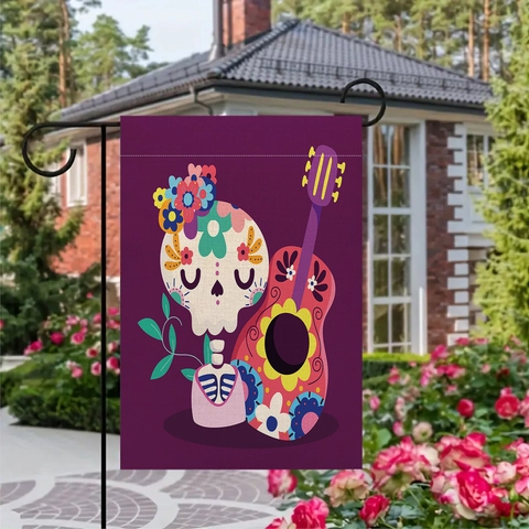 Garden Flag Mexican Day Of The Dead Sugar Skull Polyester Linen Decorative Outdoor Yard Banner