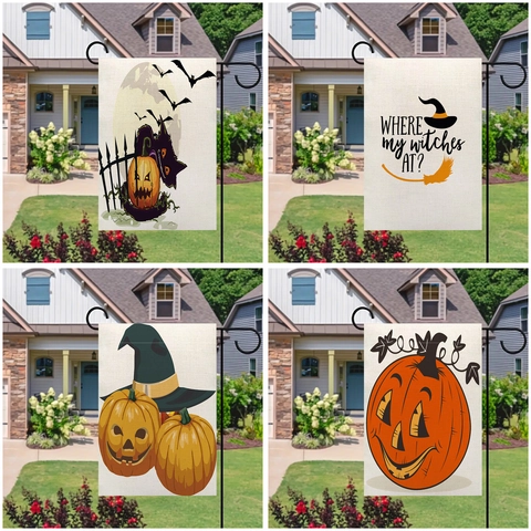Halloween Double Sided Linen Garden Flag Outdoor Yard Decoration Pumpkin Black Cat Witch Hat Haunted House Festive Hanging Flag