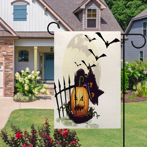 Halloween Double Sided Linen Garden Flag Outdoor Yard Decoration Pumpkin Black Cat Witch Hat Haunted House Festive Hanging Flag
