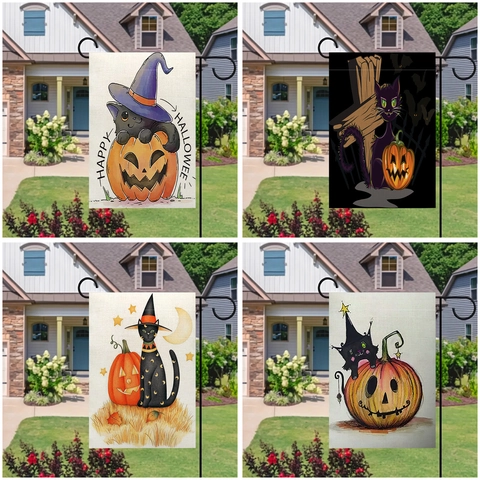 Halloween Dubbelzijdige Linnen Tuinvlag Zwarte Kat Pompoen Heksenhoed Patroon Buiten Tuin Decoratie Seizoensgebonden Hangbord