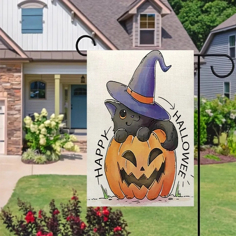 Halloween Dubbelzijdige Linnen Tuinvlag Zwarte Kat Pompoen Heksenhoed Patroon Buiten Tuin Decoratie Seizoensgebonden Hangbord