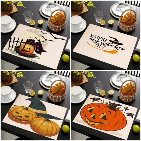 Halloween Pumpkin Witch Hat Pattern Linen Placemats Heat Insulated Decorative Kitchen Table Mat For Dining Room Party