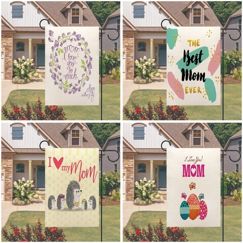 Mother's Day Garden Flag Double Sided Linen Yard Decor Banner Floral Hedgehog Pattern Happy Mother's Day Outdoor Decorative Flag