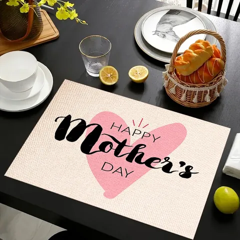 Mother's Day Placemat Linen Cotton Heat Resistant Dining Table Mat Heart Floral Print Kitchen Home Party Decor Gift