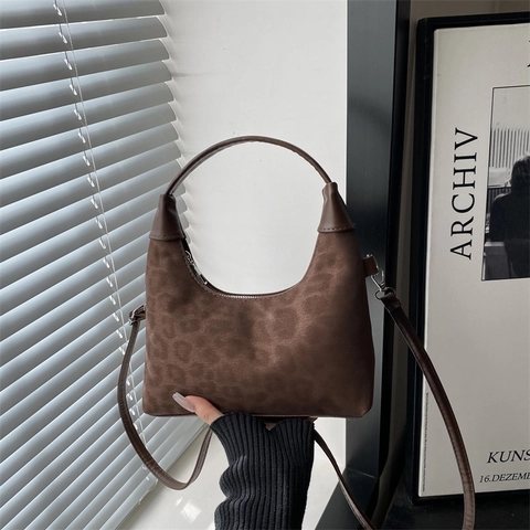 Borsa Hobo Leopardata Effetto Scamosciato Pelle PU Mezza Luna Borsa A Spalla Tracolla Donna Versatile Autunno Inverno