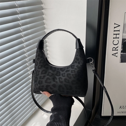Borsa Hobo Leopardata Effetto Scamosciato Pelle PU Mezza Luna Borsa A Spalla Tracolla Donna Versatile Autunno Inverno