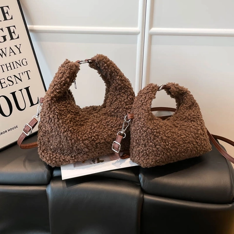 Bolso de Mano de Lana de Cordero de Felpa para Mujer Moda Color Sólido Hobo Otoño Invierno Bandoulière Grande Y Pequeño Asa