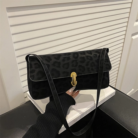Vintage Leopard Print Underarm Bag For Women PU Leather Shoulder Bag With Gold Hardware Square Baguette Handbag Daily Square Bag