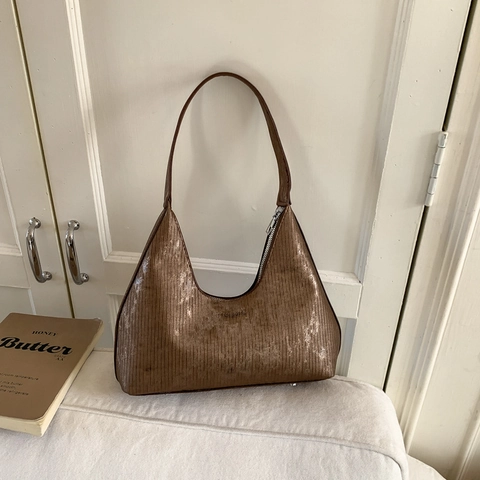 Vintage Underarm Hobo Bag Women PU Leather Vertical Ribbed Texture Metallic Minimalist Simple Crescent Shoulder Bag