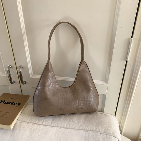 Vintage Underarm Hobo Bag Women PU Leather Vertical Ribbed Texture Metallic Minimalist Simple Crescent Shoulder Bag