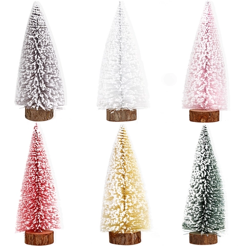 Mini Albero di Natale Floccato Con Base in Legno Naturale Neve Artificiale Pino da Scrivania per Decorazione Casa Festa di Natale